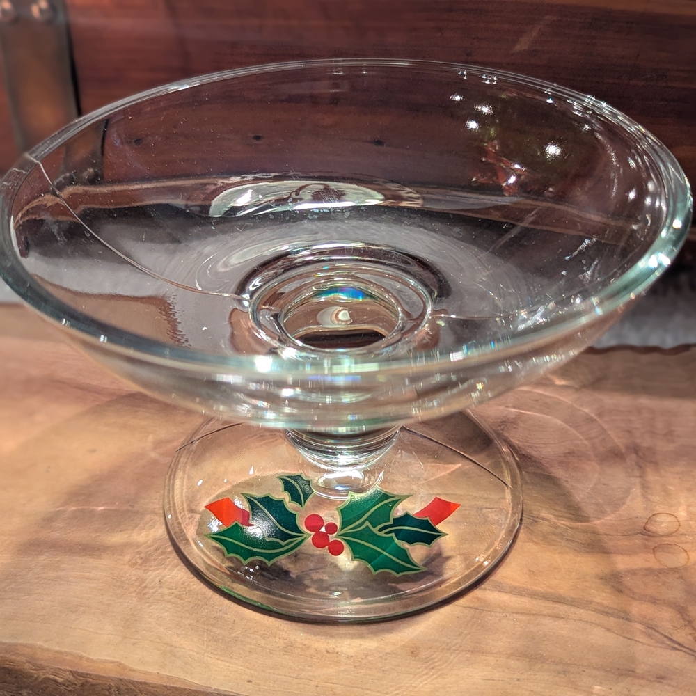 1981 Avon Clear Glass Holiday Compote with Green Holly and Red Berries